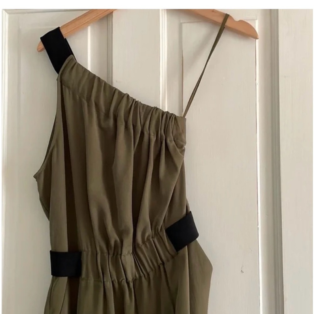 Maeve one-shoulder green with black jumpsuit. - Picture 3 of 5
